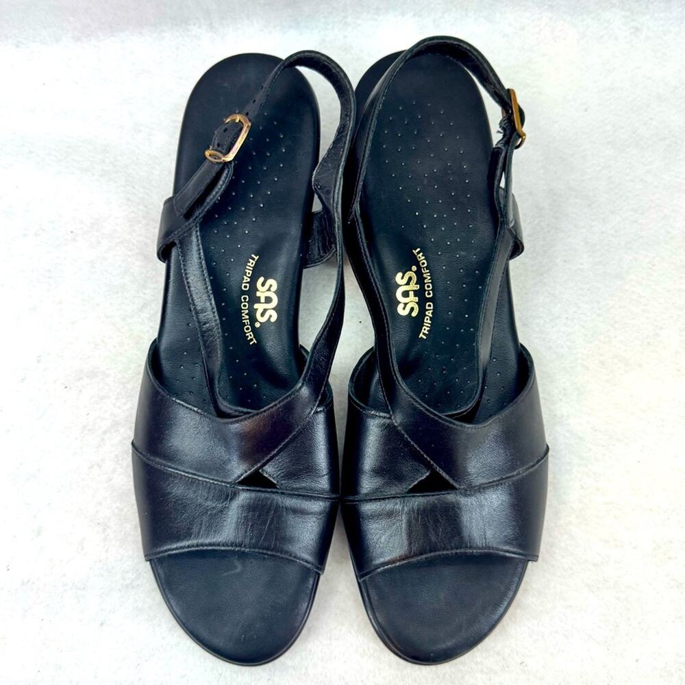 EUC Women’s SAS Leather Caress Cross Strap Wedge Sandals Black size 9.5 S (Slim)